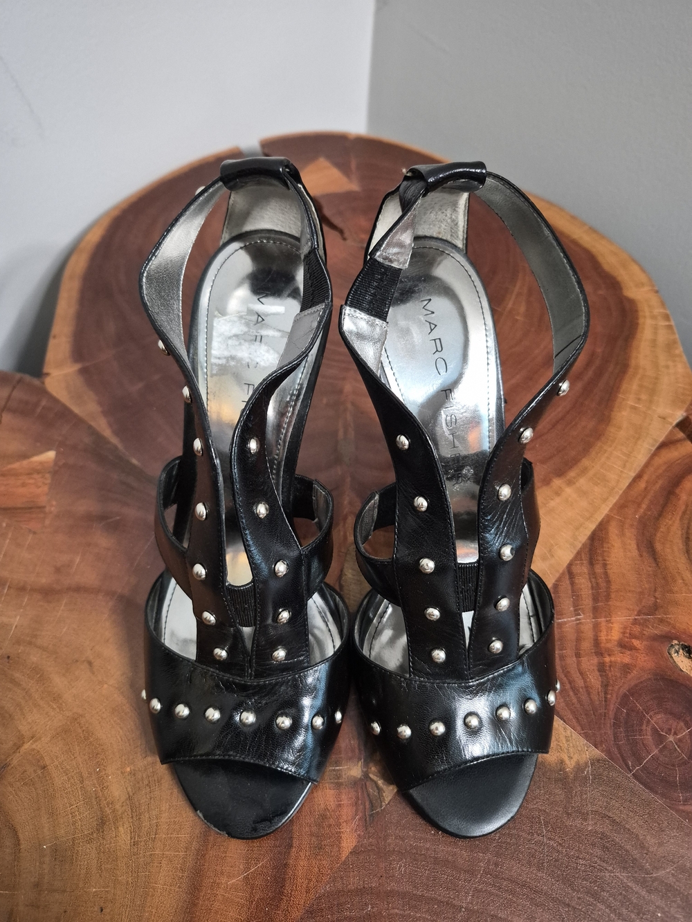 Marc Fisher Black Studded Strappy Leather High-Heel Sandals Punk Emo - 8.5